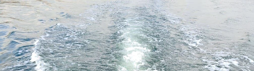 Wake trail behind moving boat in open water, Cape Coral.