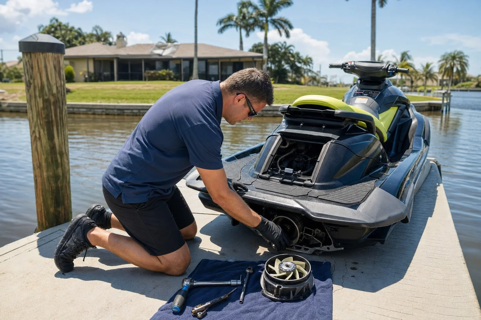 Marine technician servicing a jet ski on a dock in Cape Coral, Florida